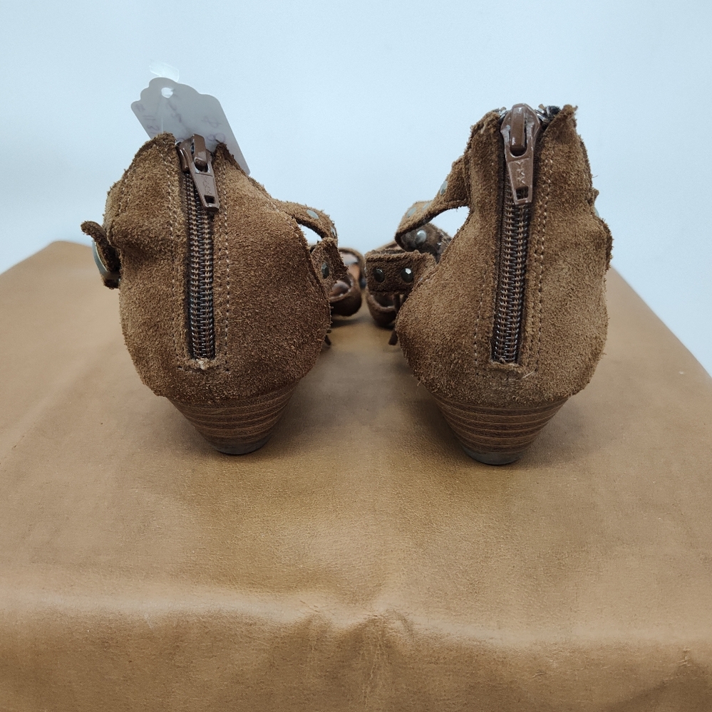 Minnetonka Leather Fringe Sandals Low Wedge Womans Size 8 - Picture 4 of 7